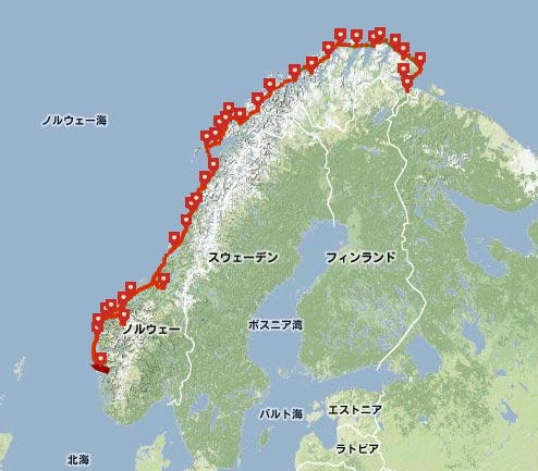 ノルウェーのクルーズ船のルート